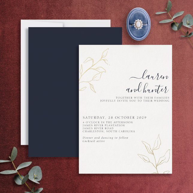 Modern Navy Blue Script Botanical Wedding Gold  (Creator Uploaded)
