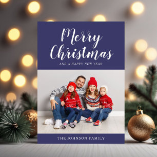 Modern Navy Blue Script Christmas Photo  Holiday Card