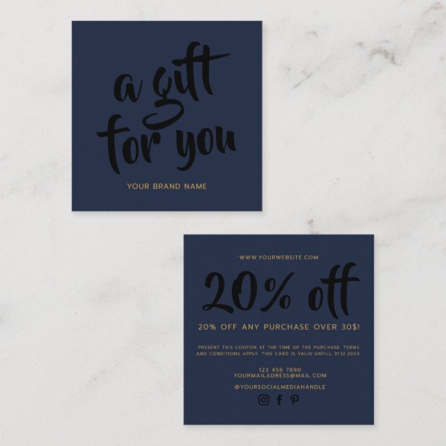 Modern navy blue script coupon discount card (Front/Back)