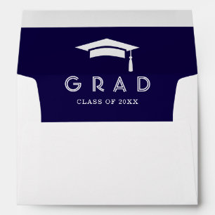 Modern Navy Blue Script Graduation Cap Invitation Envelope