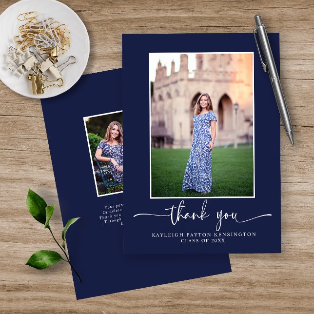 Modern Navy Blue Script Graduation Photo Thank You Card (Creator Uploaded)