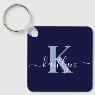 Modern Navy Blue Script Monogram Key Ring