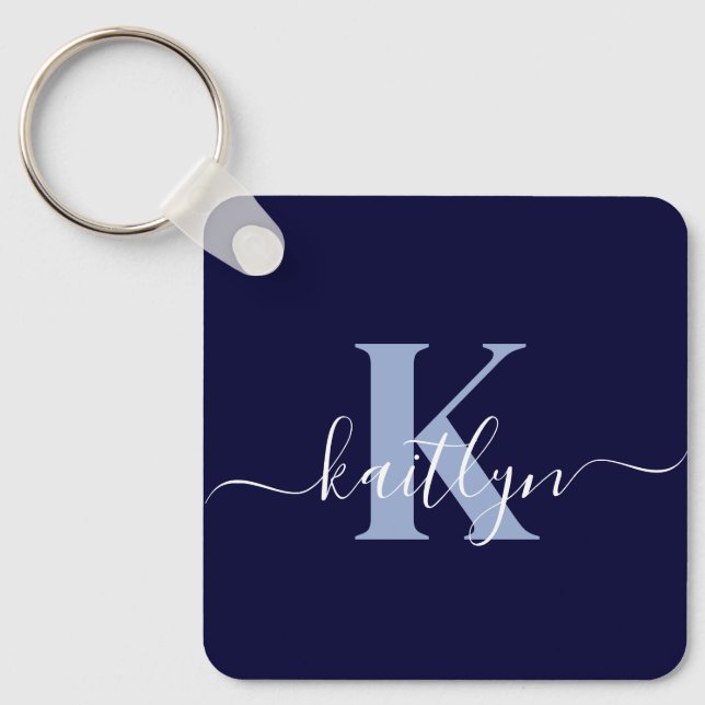 Modern Navy Blue Script Monogram Key Ring (Front)