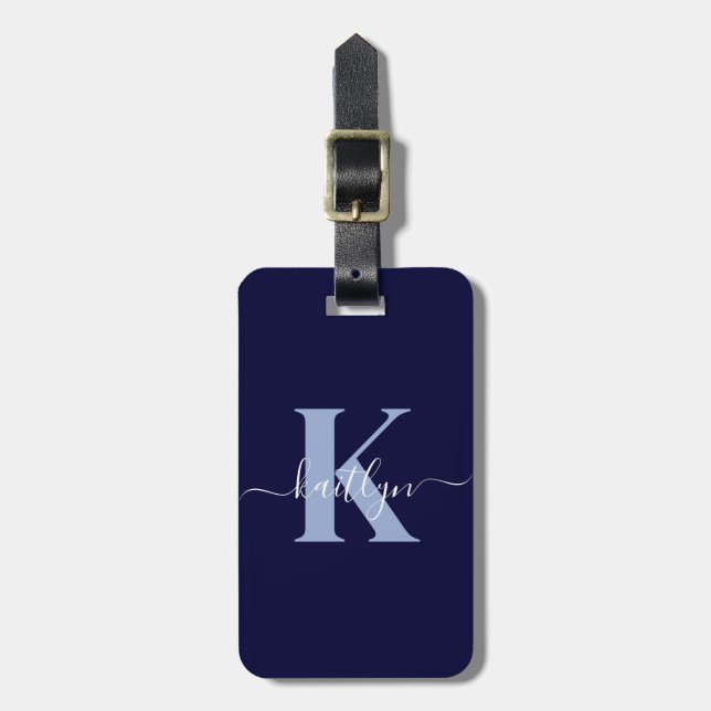 Modern Navy Blue Script Monogram Luggage Tag (Front Vertical)