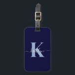 Modern Navy Blue Script Monogram Luggage Tag<br><div class="desc">This simple, elegant navy blue luggage tag with your first name in a trendy script font in white typed over your first initial in a modern cap font in light blue on one side and a slide in card for your name, address and phone number on the other would look...</div>