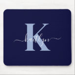 Modern Navy Blue Script Monogram Mouse Pad<br><div class="desc">This simple,  elegant navy blue mousepad with your first name in a trendy script font in white typed over your first initial in a modern cap font in light blue is perfect for your office/desk.  It's stylish and trendy and yet very classic.</div>