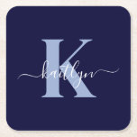 Modern Navy Blue Script Monogram Square Paper Coaster<br><div class="desc">These simple, elegant navy blue square paper coasters with your first name in a trendy script font in white typed over your first initial in a modern cap font in light blue are perfect for keeping your tables and counters free from water rings. They absorb droplets so you don't have...</div>