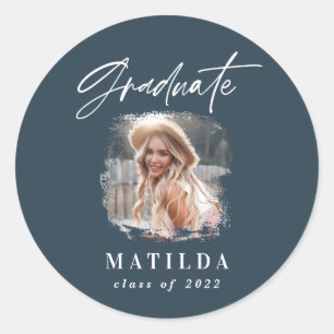 Modern navy blue script photo elegant graduation classic round sticker