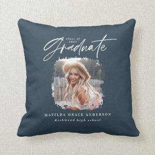 Modern navy blue script photo elegant graduation cushion