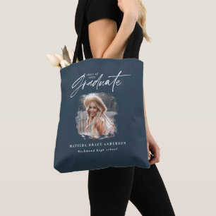 Modern navy blue script photo elegant graduation tote bag