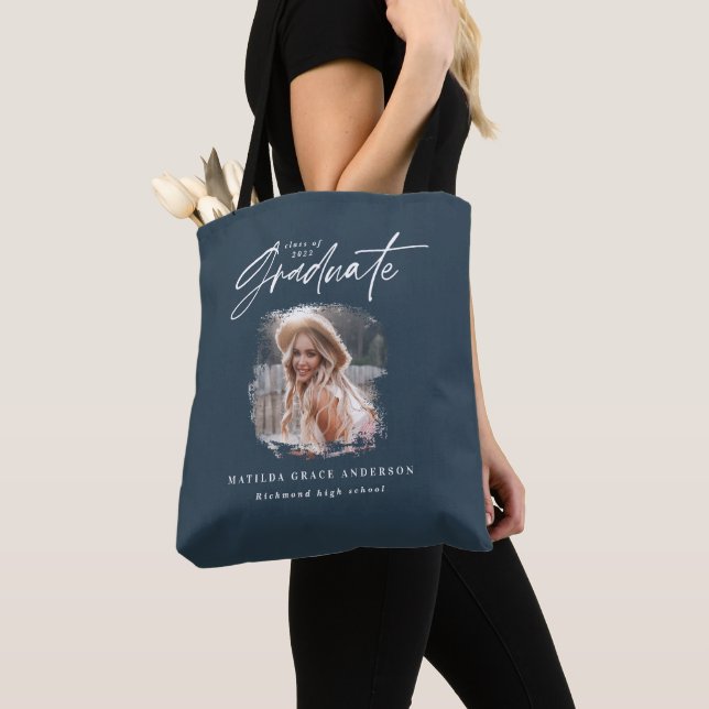 Modern navy blue script photo elegant graduation tote bag (Close Up)