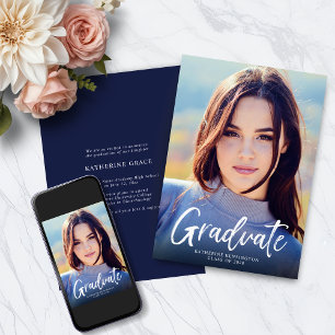 Modern Navy Blue Script Photo Graduation Announcement