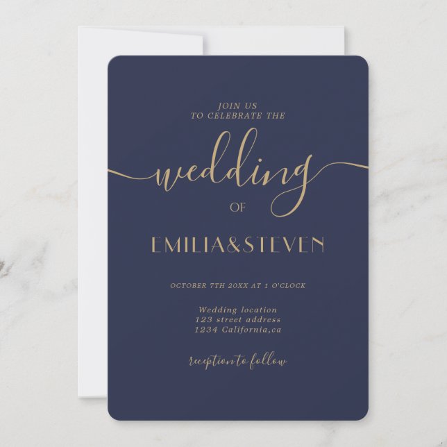 Modern navy blue script photo initials wedding invitation (Front)