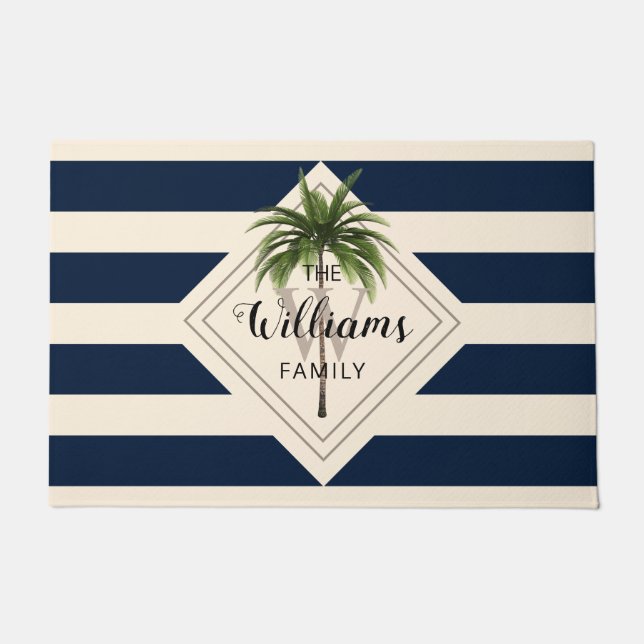 Modern Navy Blue Script Tropical Palm Monogram Doormat (Front)