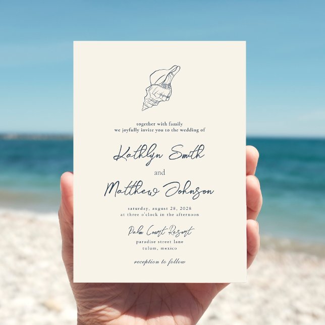 Modern Navy Blue Shell Beach Destination Wedding Invitation (Creator Uploaded)