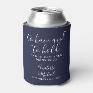 Modern Navy Blue Signature Script Wedding Can Cooler