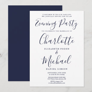 Modern Navy Blue Signature Wedding Evening Party Invitation