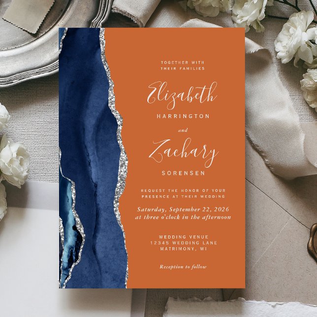 Modern Navy Blue Silver Agate Burnt Orange Wedding Invitation (Creator Uploaded)