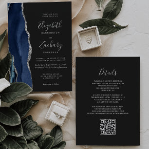 Modern Navy Blue Silver Agate Dark QR Code Wedding Invitation