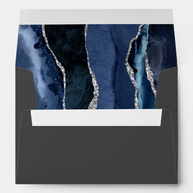 Modern Navy Blue Silver Agate Dark Wedding Envelope (Back (Bottom))