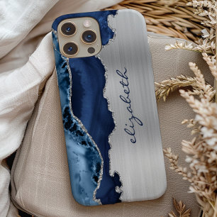 Modern Navy Blue Silver Agate Metallic Case-Mate iPhone Case