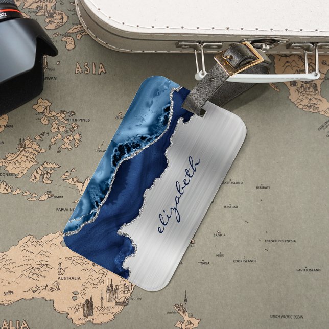 Modern Navy Blue Silver Agate Metallic Luggage Tag (Creator Uploaded)