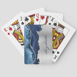 Modern Navy Blue Silver Agate Metallic Playing Cards