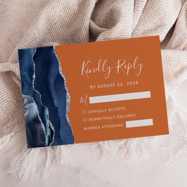 Modern Navy Blue Silver Agate Orange Wedding RSVP Card (Creator Uploaded)