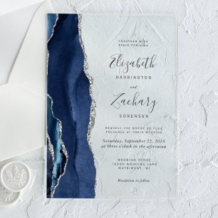 Modern Navy Blue Silver Agate Wedding Acrylic Invitations