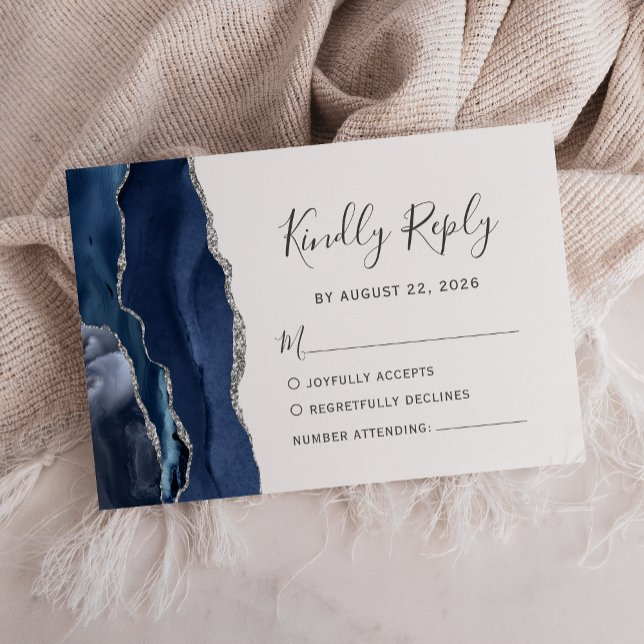 Modern Navy Blue Silver Agate Wedding RSVP Card (Creator Uploaded)