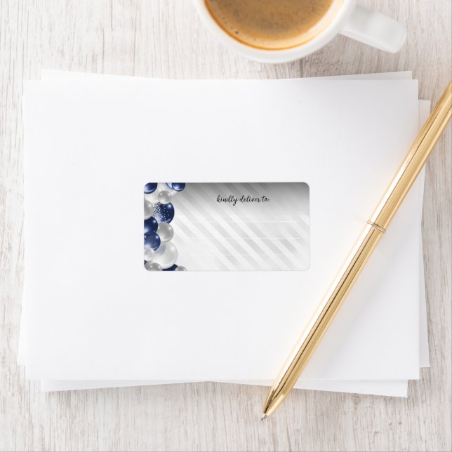 Modern Navy Blue Silver Balloon Glitter Birthday  Label (Insitu)