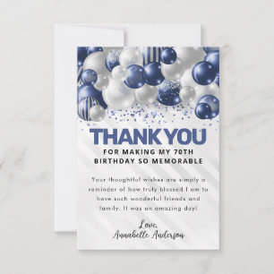 Modern Navy Blue Silver Balloon Glitter Birthday Thank You Card