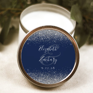 Modern Navy Blue Silver Glitter Edge Wedding Classic Round Sticker
