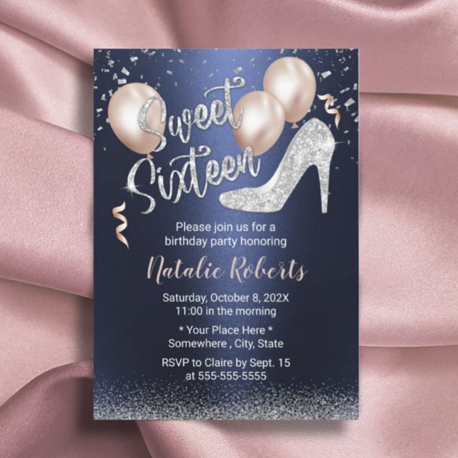 Modern Navy Blue Silver Glitter High Heel Sweet 16 Invitation (Creator Uploaded)