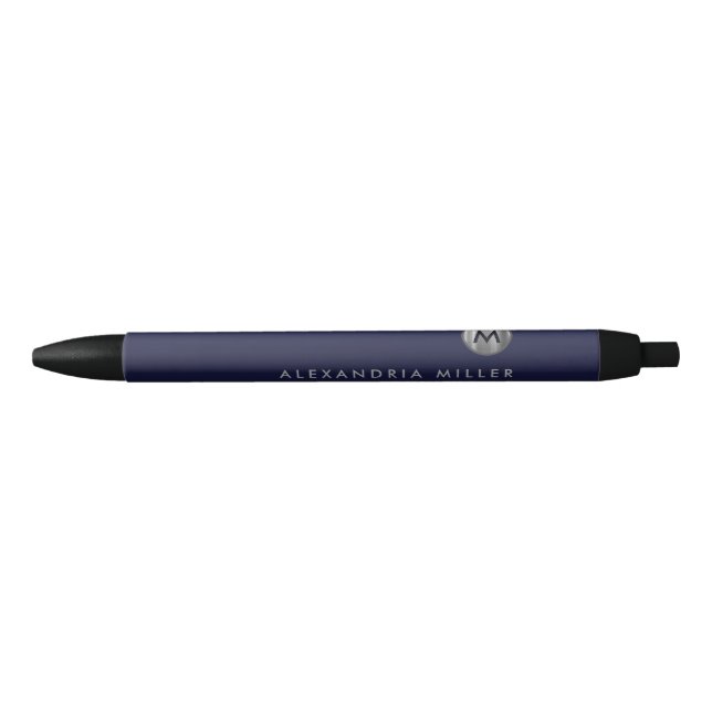 Modern Navy Blue Silver Monogram Black Ink Pen (Front)