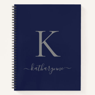 Modern Navy Blue Silver Monogram Name Notebook