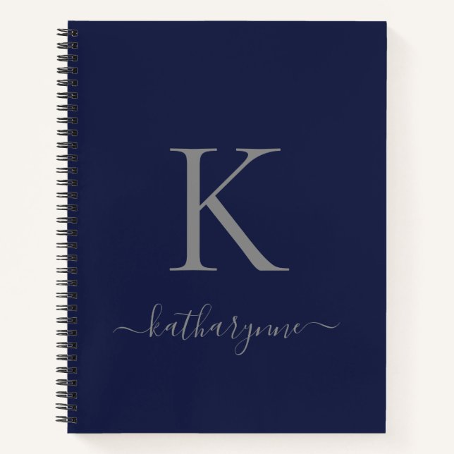 Modern Navy Blue Silver Monogram Name Notebook (Front)