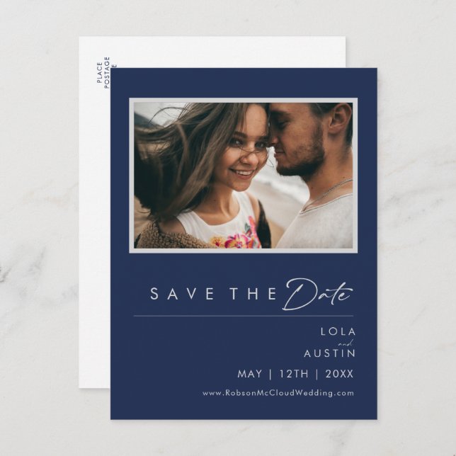 Modern Navy Blue Silver Photo Save The Date Invitation Postcard (Front/Back)