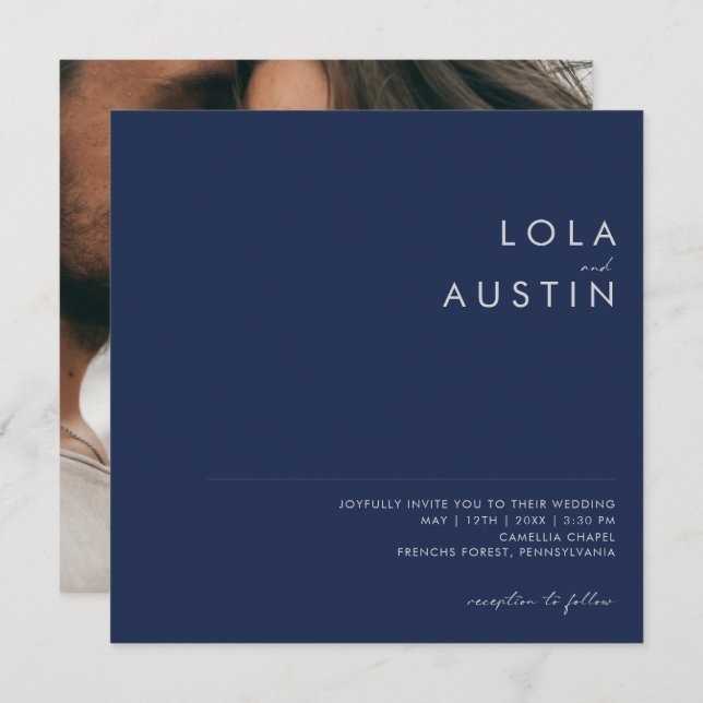 Modern Navy Blue | Silver Photo Square Wedding Invitation (Front/Back)