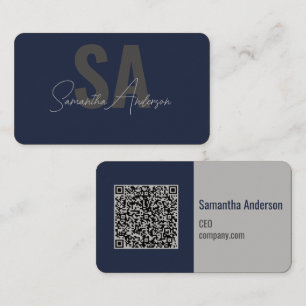 Modern Navy Blue & Silver with QR code    Business Card