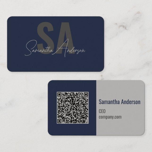 Modern Navy Blue & Silver with QR code |  Business Card (Front/Back)
