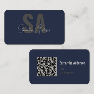 Modern Navy Blue & Silver with QR code    Business Card