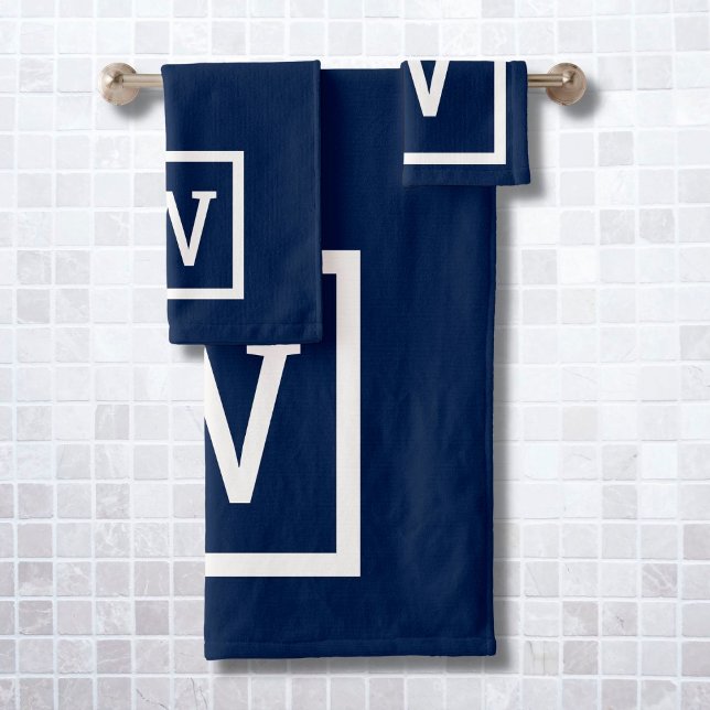 Modern Navy Blue Square Border Monogram Bath Towel Set (Creator Uploaded)