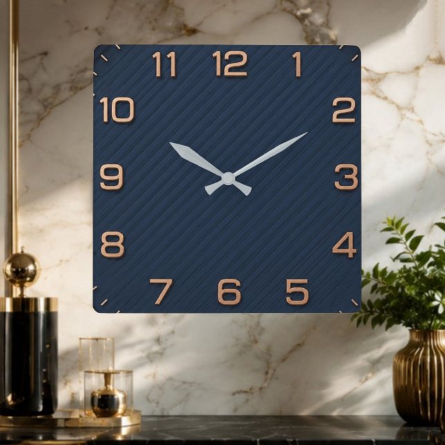 Modern Navy Blue Square Minimalist Rose Gold  Wall Clock (Creator Uploaded)