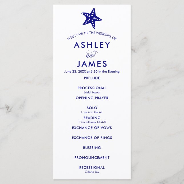 Modern Navy Blue Starfish Wedding Ceremony Program Programme (Front)