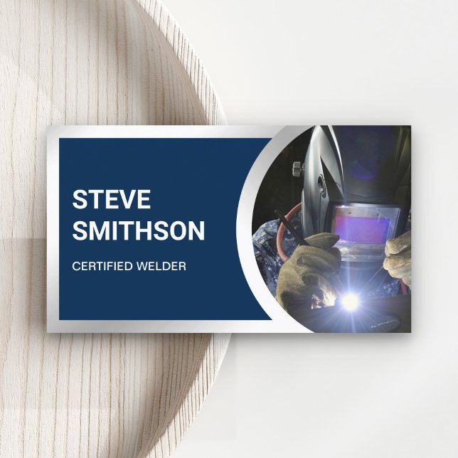 Modern Navy Blue Steel Welding Fabricator Welder Business Card (Creator Uploaded)