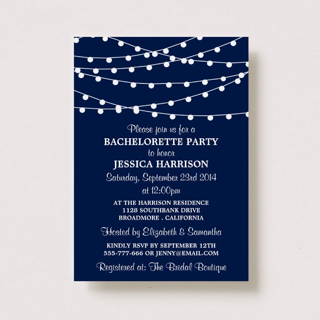 Modern Navy Blue String Lights Bachelorette Party Invitation (Creator Uploaded)
