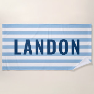 Modern Navy Blue Stripe Monogram Name Beach Towel