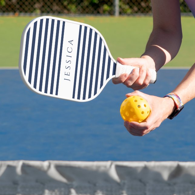 Modern Navy Blue Striped Custom Name  Pickleball Paddle (Insitu)