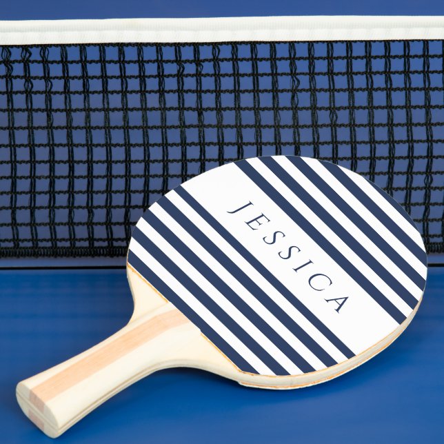 Modern Navy Blue Striped Custom Name  Ping Pong Paddle (Insitu)
